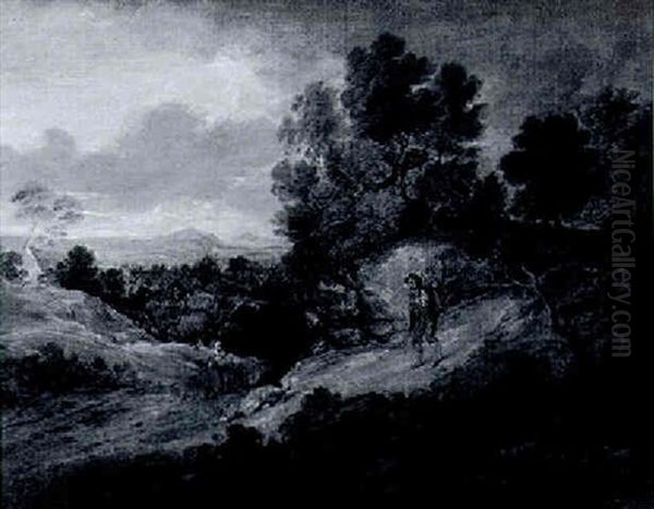 A Wooded Hilly Landscape With A Laborer Carrying A Scythe In The Foreground by Gainsborough Dupont