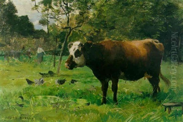 A Cow In A Pasture With Chickens Feeding Beyond by Julien Dupre