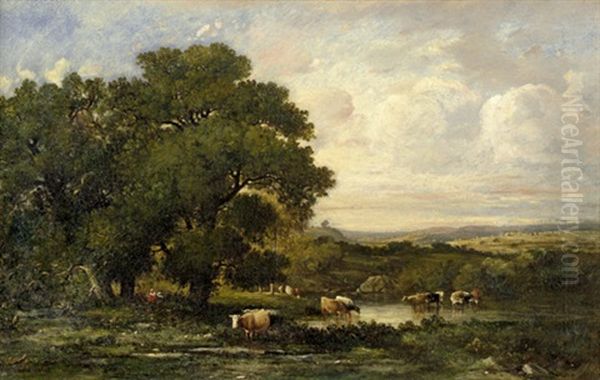 Landschaft Im Limousin Mit Hirten Und Ihrer Herde Bei Einem Teich Am Waldrand by Leon Victor Dupre