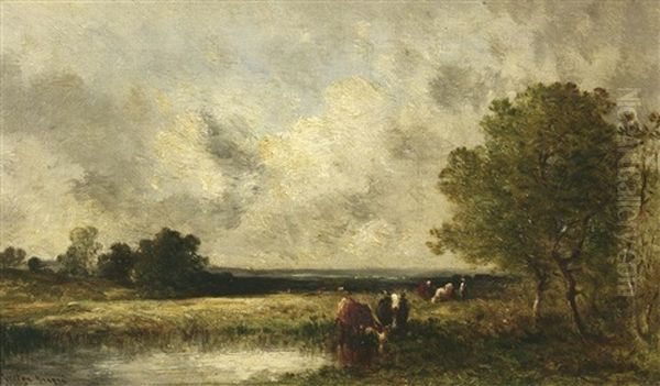 Weidende Kuhe In Weiter Flusslandschaft by Leon Victor Dupre