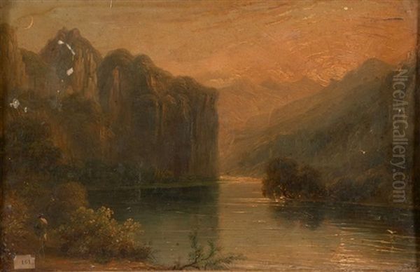 Oriental Pres D'un Lac De Montagne Au Soleil Couchant by Jules Dupre