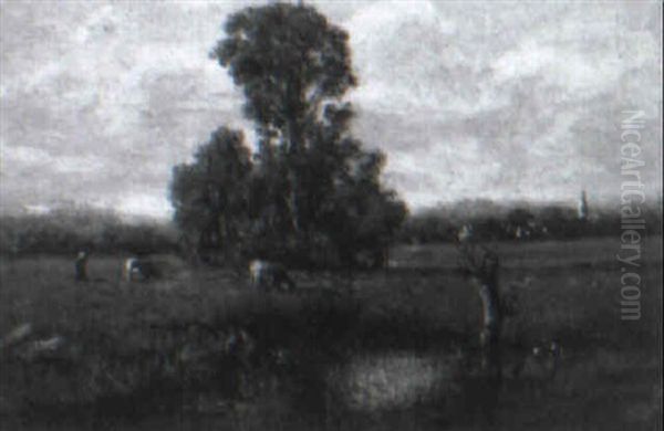 Cows Grazing By A Pool With A Village Beyond by Jules Dupre