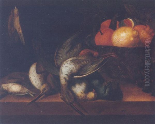 Still Life Of Game Birds Together With A Basket Of Lemons, Oranges, Pomegranates And Figs With An Artichoke Upon A Table by Pierre Dupuis