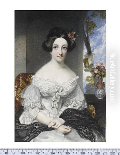 A Lady, Seated In An Interior Before A Window, Wearing White Dress With Lace Trim And Tiered Lace Sleeves, Folded Detailing At The Bust, Three Sash Ribbon... by Cornelius Beavis Durham