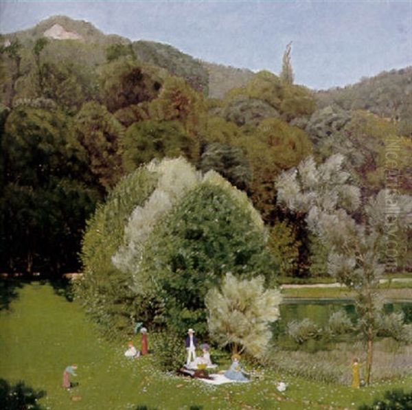 Sonntagliche Gesellschaft Beim Picknick Am Ufer Eines Kleinen Sees An Einem Sonnigen Fruhlingstag by Rudolf Duerrwang