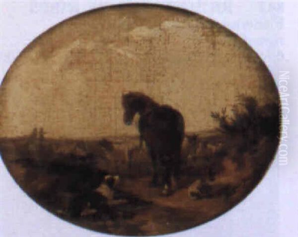 A Pony On A Country Path With Sheep And A Sheepdog by John Duvall