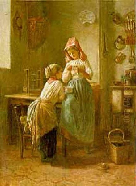 Girls With A Finch In A Kitchen Interior by Theophile Emmanuel Duverger