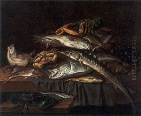 A Still Life With A Sturgeon, A Red Gurnard, A Ray, A Brill, A Crab, Lobsters, Oysters, Mussels And Other Fish by Isaac Van Duynen