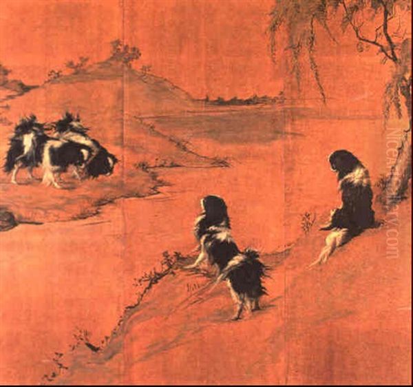 Four Pekinese Dogs In An Oriental River Landscape by Maud Earl