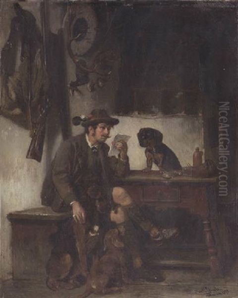 Jager Liest, Umgeben Von Seinen Hunden, Einen Liebesbrief by Adolf Eberle