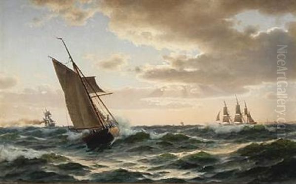 Seascape With Sailing Ships. The Sun Breaks Through The Clouds by Christian Frederic Eckardt