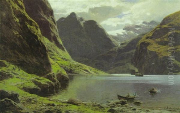 Norwegischer Fjord Mit Ruderern Am Ufer by Karl Paul Themistocles von Eckenbrecher