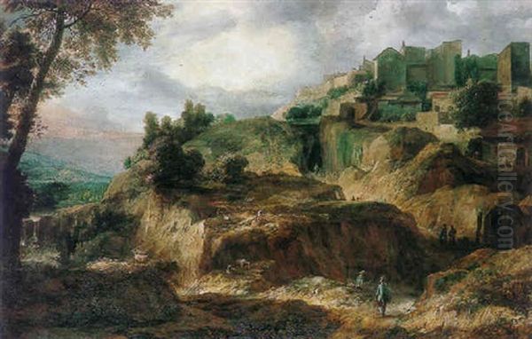 Extensive Mountainous Landscape With Figures In The Foreground by Gerard Van Edema