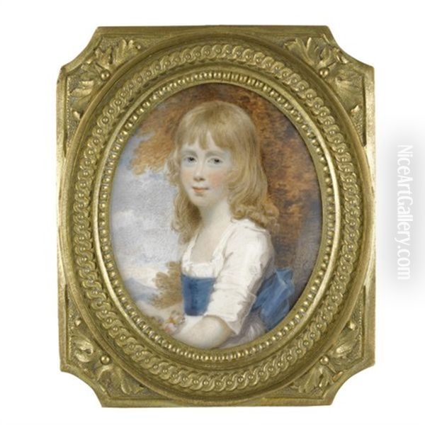 Portrait Of A Young Girl In A White Dress With Blue Sash, Holding Flowers by Henry Edridge