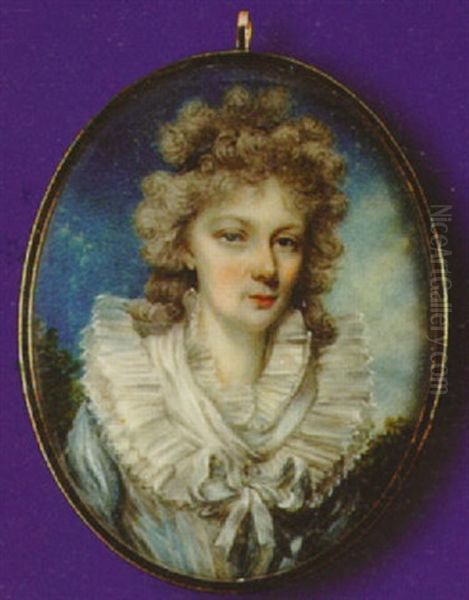 Elizabeth Francis, With Blue Bandeau In Her Powdered Hair, Wearing Blue Dress With Lace Fichu Secured In A Bow At Her Corsage by Henry Edridge