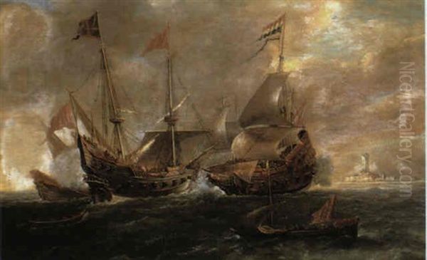 Two Warships Engaged In Battle Off The Dutch Coast by Andries Van Eertvelt