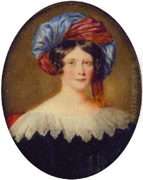 A Lady With Dark Curls And Wearing An Embroidered Blue And Red Turban by William Egley