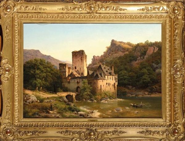 Jeunes Pecheurs Au Pied D'un Chateau Dans La Vallee De L'ahr (allemagne) by Friedrich J. Ehemant