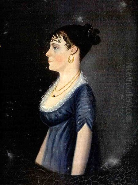 Portrait Of Elizabeth Gundaker Wearing A Blue Dress With White Lace, Gold Necklace And Earrings Oil Painting - Jacob Eichholtz