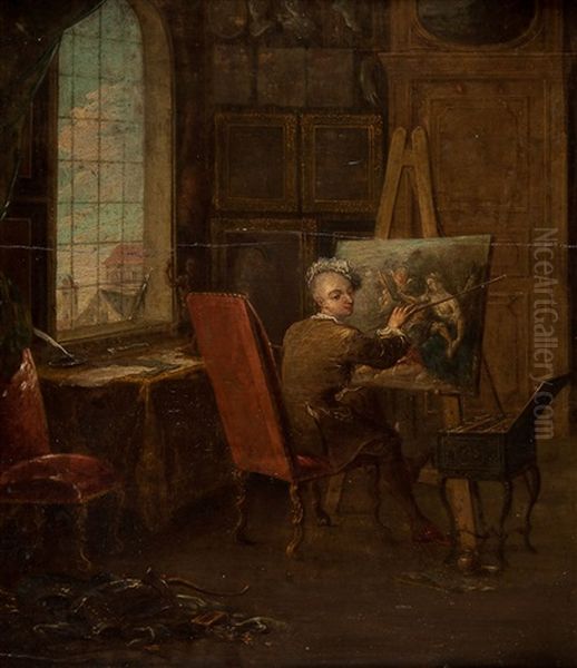 Self-portrait Of The Artist In His Studio, Holding A Mahl-stick, Painting An Allegorical Scene by Francois Eisen