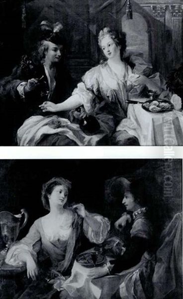 Young Couples Eating And Drinking In Elegant Interiors:     A Pair Of Paintings by Francois Eisen