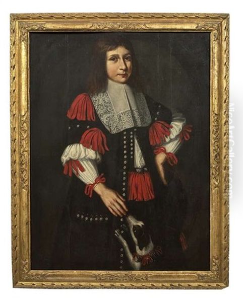 A Portrait Of A Young Man, Three-quarter Length, In A Black Costume With A Lace Ruff, Crimson Tied Ribbons And An Attendant Spaniel by Johann Anton Eismann