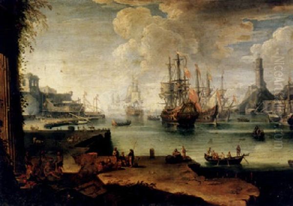 An Extensive Harbour Scene With English Men-of-war Anchored Off Shore, Figures Conversing In The Foreground, A Ship Under Construction In A Dock Beyond by Johann Anton Eismann