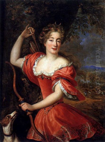 Portrait De Jeune Femme En Diane Sur Fond De Paysage by Louis Ferdinand Elle the Elder