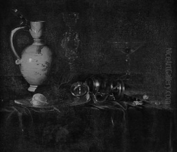 A Wan-li Kraak Porcelain Jug, A Facon De Venise, A Wine Glass, An Overturned Pewter Tankard And Fruit All On A Draped Table by Ottmar Elliger the Elder