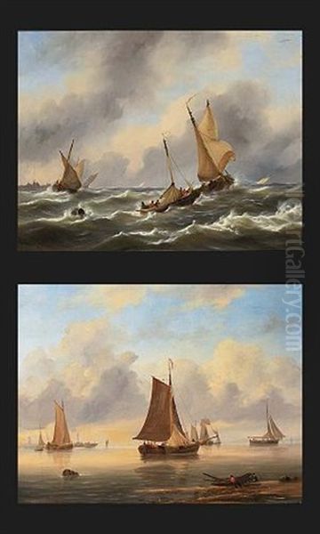 Sailing Vessels On A Choppy Sea (+ Shipping In A Calm At Sunset; Pair) by Govert Van Emmerik