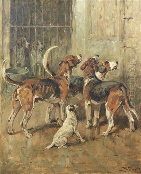 Hounds And A Terrier In Kennels by John Emms