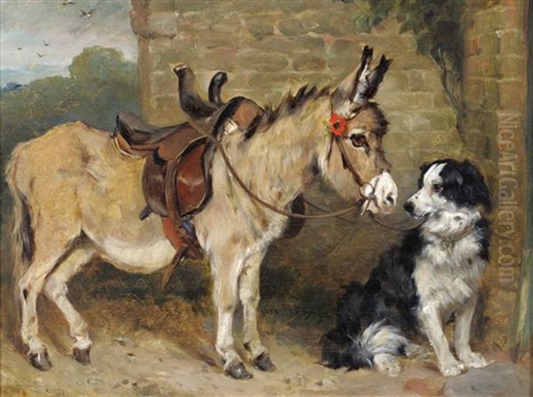 Donkey And A Dog Beside A Cottage by John Emms