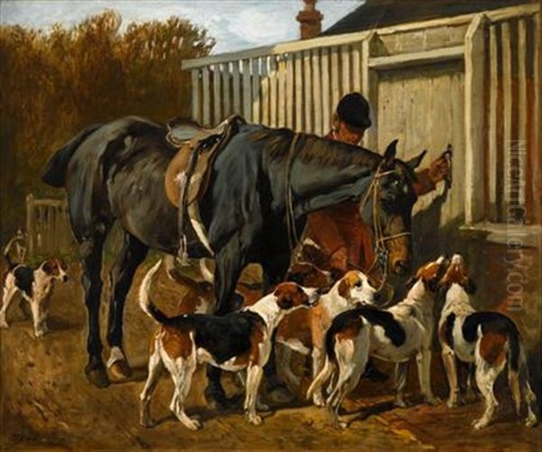 Huntsman, Bay Hunter And Foxhounds Outside Kennel by John Emms