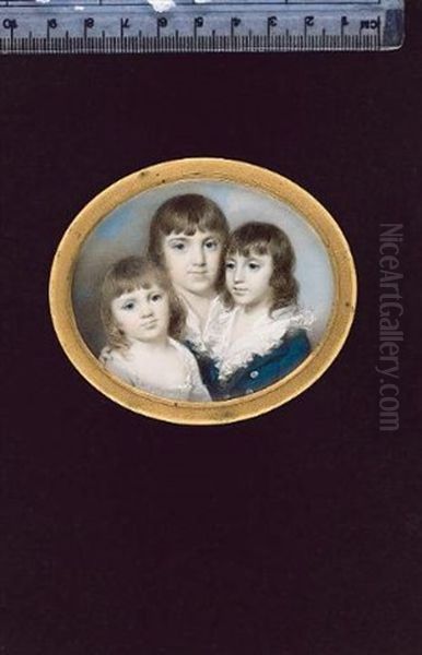 Three Children, The Two Boys Wearing Blue Coats And Frilled White Collars, Their Sister, Wearing White Dress by George Engleheart