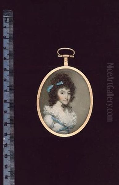 Mrs Eleanor Birch, Wearing White Dress With Starched, Frilled Collar, A Blue-trimmed Short Jacket With Button, Matching Blue Ribbon In Her Dark Curled Hair, A Black Ribbon Choker At Her Neck by George Engleheart