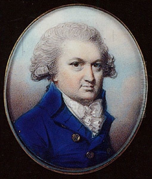 Portrait Of A Gentleman, With Powdered Hair, Wearing A Blue Coat With Gold Buttons, Tied White Stock And Frilled Cravat by George Engleheart