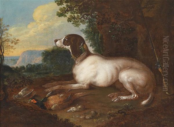 Landschaft Mit Einem Jagdhund Und Erlegtem Wildgeflugel by Anton Enzinger