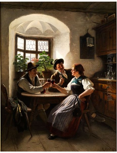 Bayerische Wirtsstube Mit Junger Kellnerin Und Einem Jungen Mann Mit Einem Weinglas Anstossend by Rudolf Epp