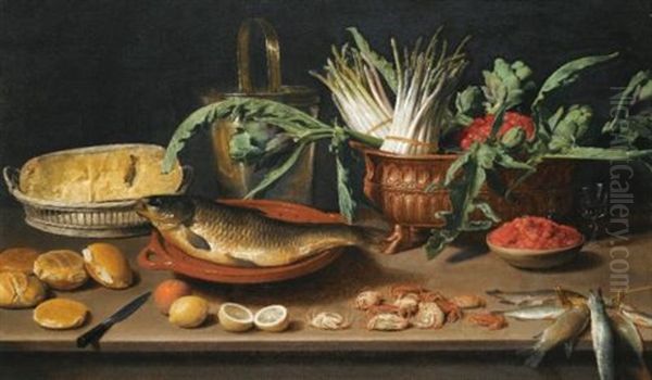 Still Life With A Fish On A Terracotta Plate, Bunches Of Asparagus, Artichokes, And Cherries In A Dish, Together With Half A Cheese In A Basket, Bread Rolls, Fraises De Bois, Lemons, Oranges, And Crabs by Jacob Foppens van Es (Essen)