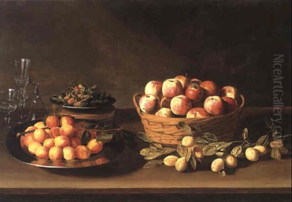 Basket Of Apples, Greengages And Glasses On A Table by Jacob Fopsen van Es