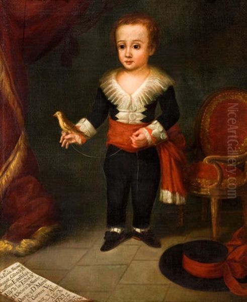 Portrait Of Francisco De Paula Navia Y Velasquez As A Child Holding A Pet Bird by Vicente Escobar