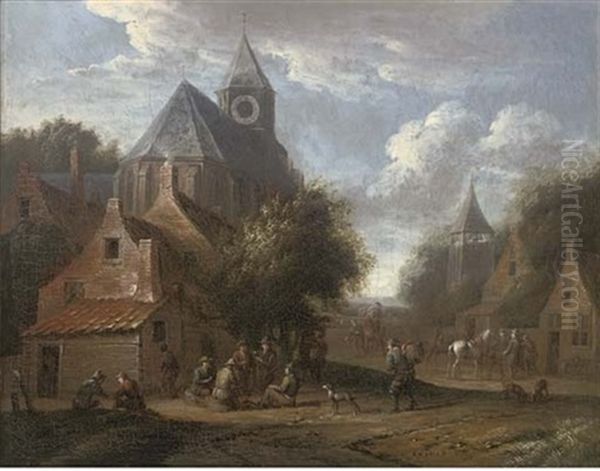 A Village With Boors Smoking Outside A Church by Cornelisz van Essen