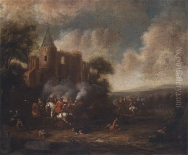 A Cavalry Engagement Before A Ruined Castle by Cornelisz van Essen