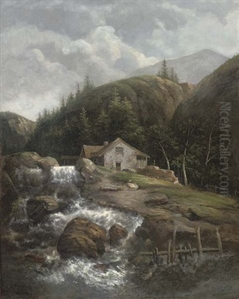 A Mountainous Wooded Landscape With A Cottage By A Waterfall by Allaert van Everdingen