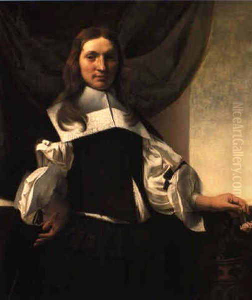 Portrait Of A Young Man Standing Before A Green Curtain And Draped Ledge by Cesar Boetius van Everdingen