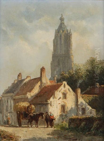 Ville En Hollande Anime De Figures Pres D'un Chariot A Foin Avec Eglise Gothique A L'arriere-plan by Adrianus Eversen