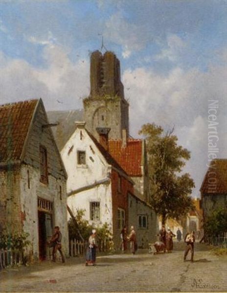 A Village Street Scene by Adrianus Eversen