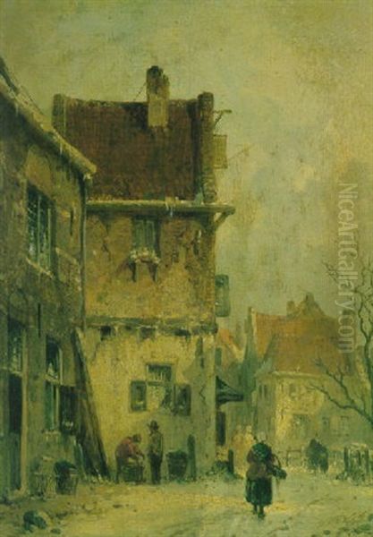 Figures In A Town In Winter by Adrianus Eversen