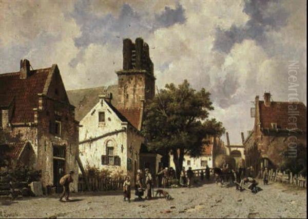 Townsfolk In The Streets Of Ransdorp by Adrianus Eversen