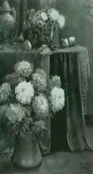 Still Life With Chrysanthemums Grapes, Apples And An Urn On A Draped Table by Paula Evrard